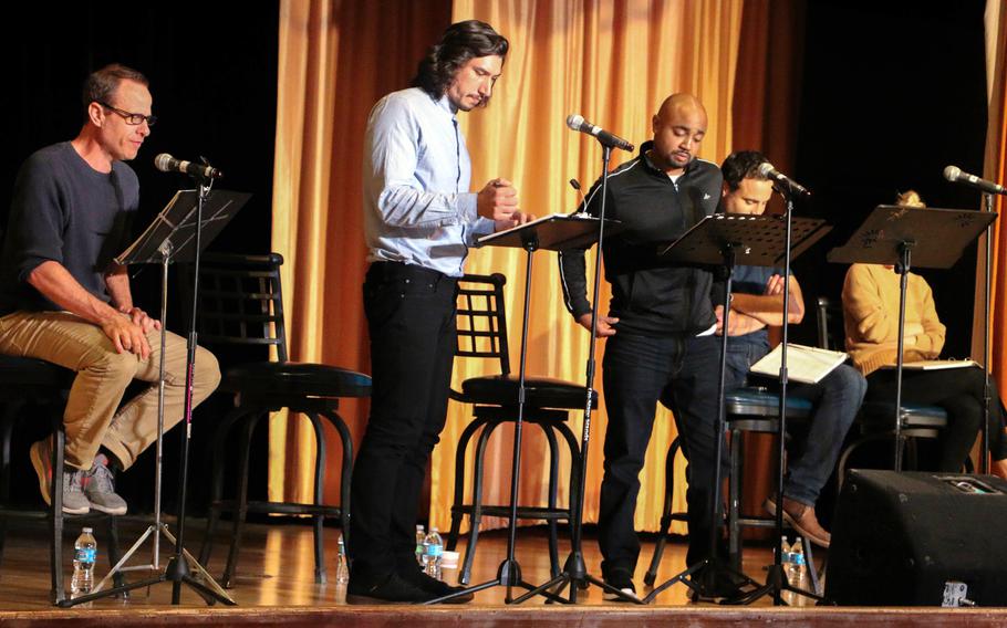 Actor and Marine veteran Adam Driver, cofounder of Arts in the Armed Forces, performs with other actors at Camp Humphreys, South Korea, Aug. 14, 2016.