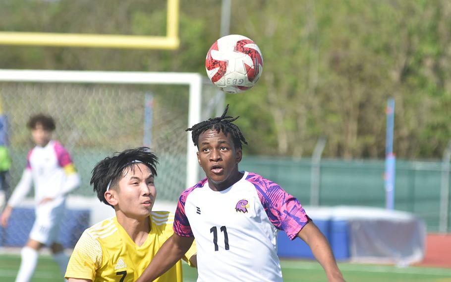 Bahrain’s NK Gumede heads the ball before Vicenza’s Ken Tapong can get to it Friday, April 12, 2024, as the two teams tied 3-3 in Vicenza, Italy.
