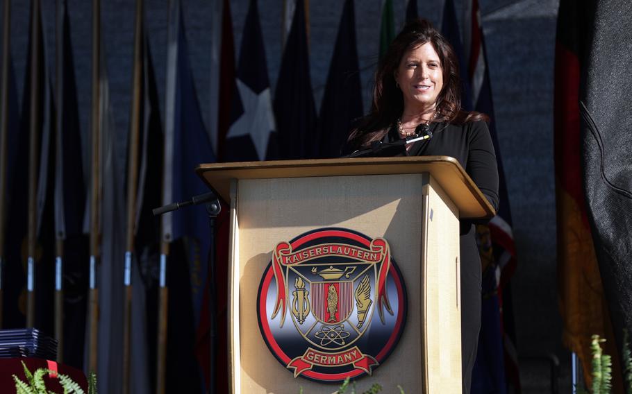 Michelle Howard-Brahaney, DODEA-Europe director, addresses Kaiserslautern High School’s Class of 2022 at the school’s commencement ceremony on Wednesday, June 1, 2022, in Kaiserslautern, Germany.