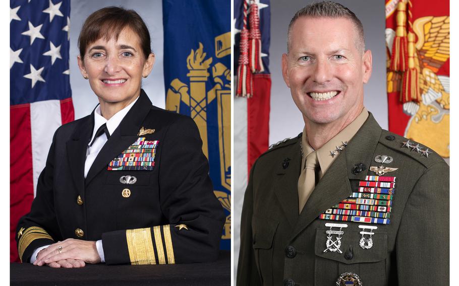 Official military headshots of Vice Adm. Yvette Davids, left, and Marine Corps Lt. Gen. Michael Borgschulte. Both are smiling, wearing their dress uniforms with flags behind them.
