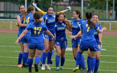 The Sigonella Jaguars celebrate their 3-1 win over AFNORTH in the girls Division III final at the DODEA-Europe soccer championships in Kaiserslautern, Germany, May 19, 2022. 