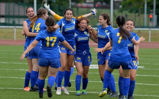 The Sigonella Jaguars celebrate their 3-1 win over AFNORTH in the girls Division III final at the DODEA-Europe soccer championships in Kaiserslautern, Germany, May 19, 2022. 