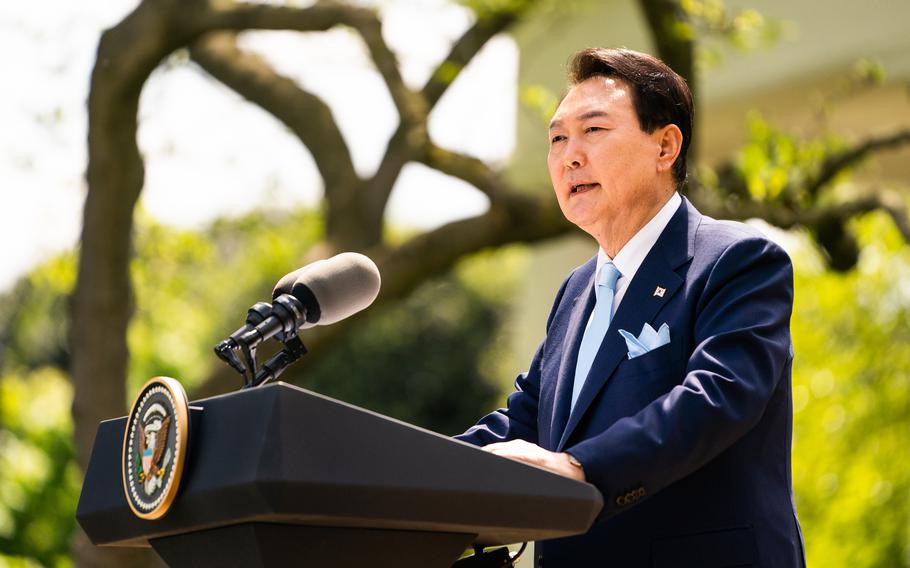 South Korea President Korea Yoon Suk Yeol during a joint news conference in the Rose Garden of the White House on Wednesday, April 26, 2023.