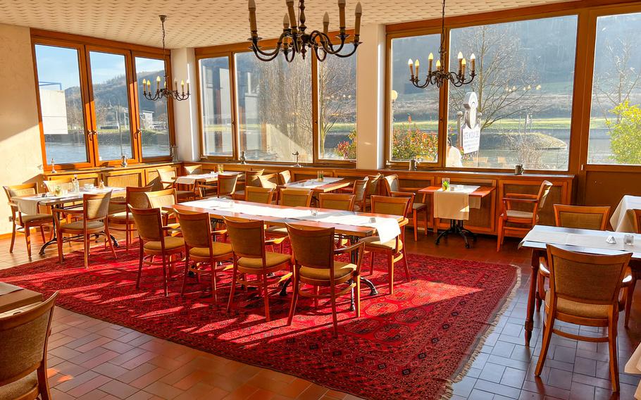 The "Sonnenuhr" or "sundial" dining area at Hotel Nicolay 1881 in Zeltingen-Rachtig, Germany, March 2, 2022. One of two available restaurants in the hotel, the Sonnenuhr offers casual vegan dining options along the Moselle River.