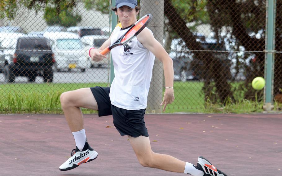 Senior Evan Davis of Kadena is one half of last year's Okinawa district doubles champion team.