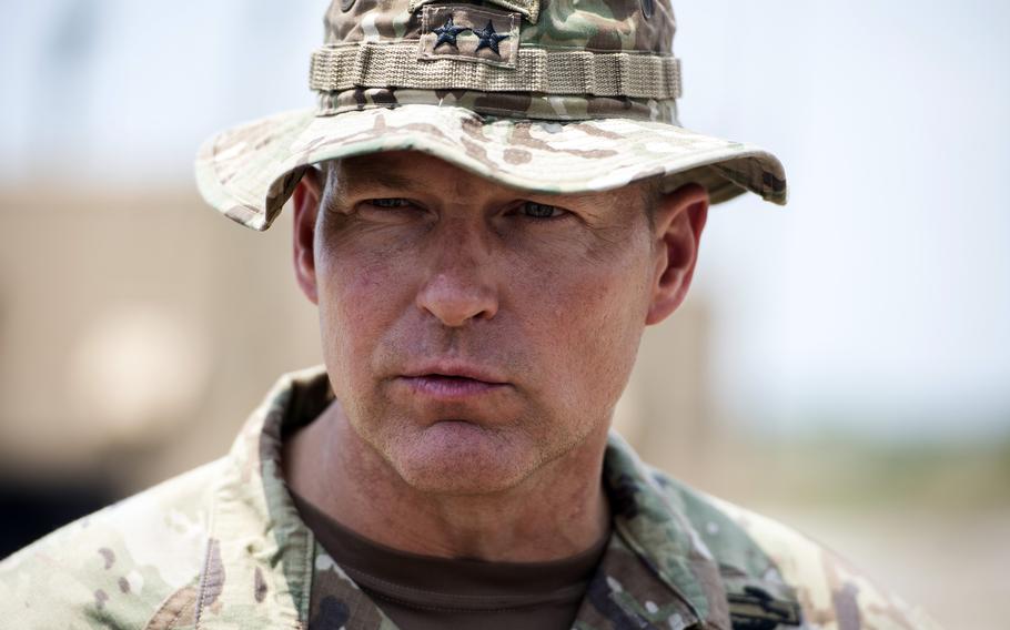 U.S. Army Maj. Gen. Joseph Ryan, commander of the 25th Infantry Division, speaks to reporters during a Balikatan drill at Naval Station Leovigildo Gantioqui in San Antonio, Philippines, Wednesday, April 26, 2023.