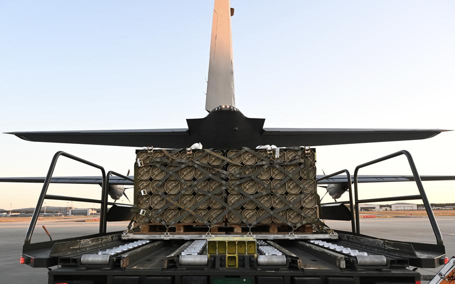 Pallets of ammunition destined for Ukraine are loaded onto an 86th Airlift Wing C-130J Super Hercules at Ramstein Air Base in Germany in August 2022. Sen. Mitch McConnell, R-Ky., said Sept. 27, 2023, that arming Ukraine in its war against Russia is an "easy call."