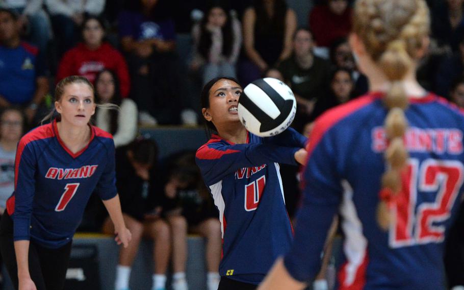 Aviano’s Nevaeh Zamora bumps the ball in the Division II championship game against Black Forest Academy in Ramstein, Germany, Oct. 28, 2023. Aviano beat BFA 25-19, 25-21, 24-26, 25-23 to take the title.