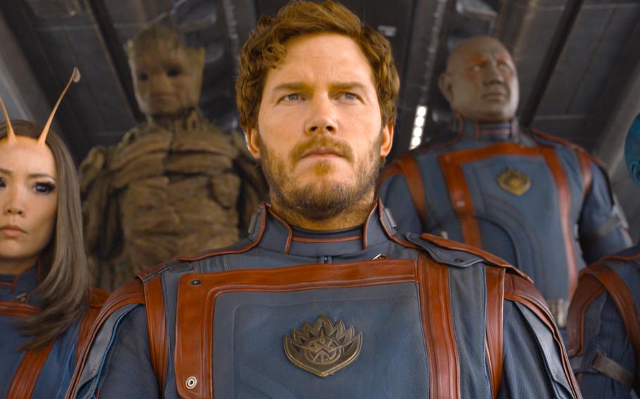 From left, Pom Klementieff, Groot (voiced by Vin Diesel), Chris Pratt, Dave Bautista and Karen Gillan are among the stars in “Guardians of the Galaxy Vol. 3,” now playing at select AAFES theaters.
