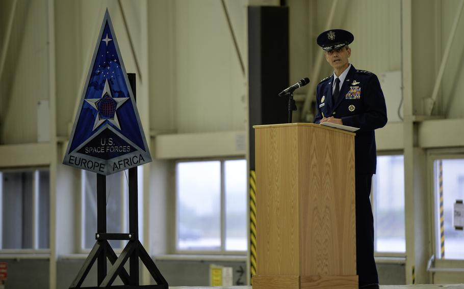 U.S. Air Force Lt. Gen. Steven Basham, deputy commander of the U.S. air component in Europe and Africa, speaks during the activation ceremony of the newly established U.S. Space Forces Europe and Africa Dec. 8, 2023, at Ramstein Air Base, Germany. Basham transferred the responsibilities for space operations to the newly established command, signifying a strategic realignment of U.S. space operations in Europe and Africa.