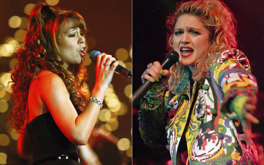 Mariah Carey performs a benefit for the Fresh Air Fund at the Cathedral of St. John the Divine in New York on Dec. 8, 1994, left, and Madonna performs as she opened her Virgin tour in Seattle, on April 10, 1985. An album from Madonna, a carol from Mariah Carey and music from “Super Mario Bros.” are among the audio titles the US. National Recording Registry. The Library of Congress announced Wednesday, April 12, 2023, that 25 recordings have been selected for preservation for their cultural significance.  