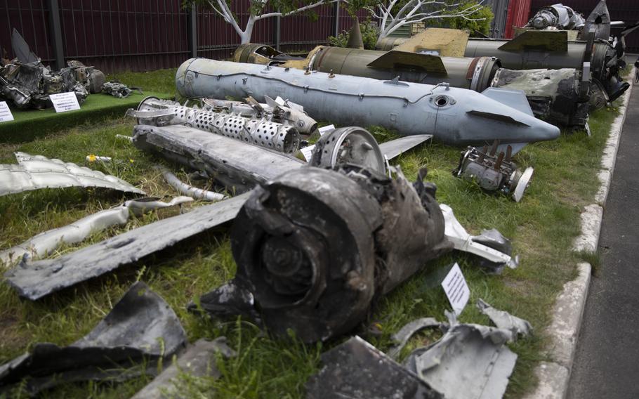 Remains of Russian missiles and drones, launched into Ukraine, in Kyiv on May 12, 2023.