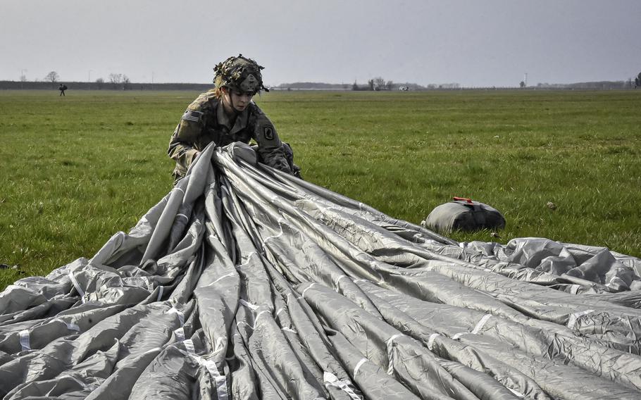 Army Sgt. Katherine Johnson, a member of the 1st Squadron, 91st Cavalry Regiment of the 173rd Airborne Brigade, made her 20th jump Thursday, March 14, 2024, during an all-female jump onto the Juliet Drop Zone near Vajont, Italy.