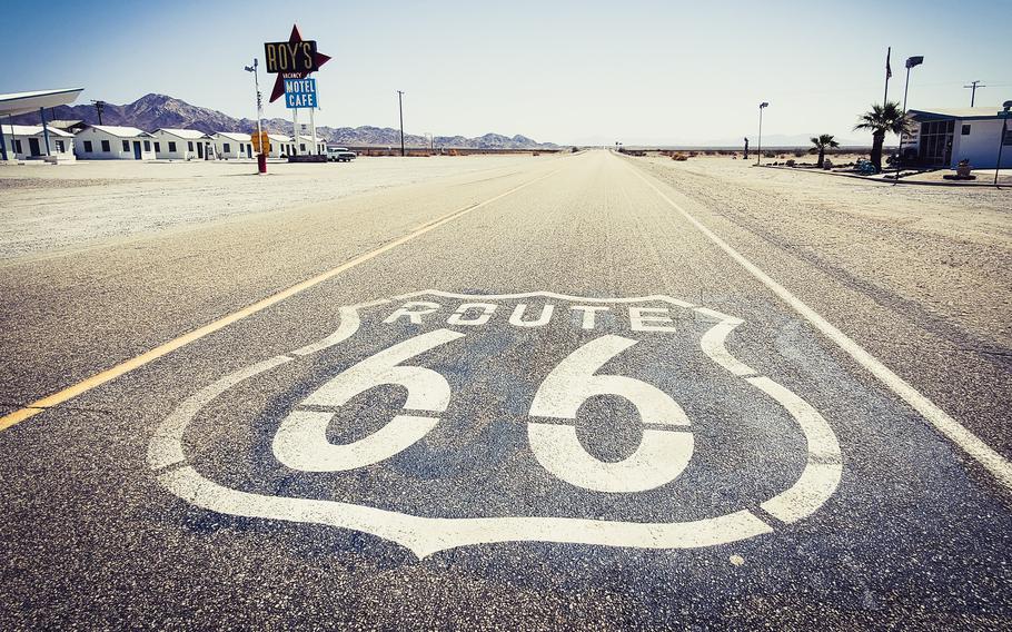 Passing cars are few along a stretch of historic Route 66 in the ghostly crossroads of Amboy in the Mojave Desert, about an hour north of Joshua Tree National Park. 