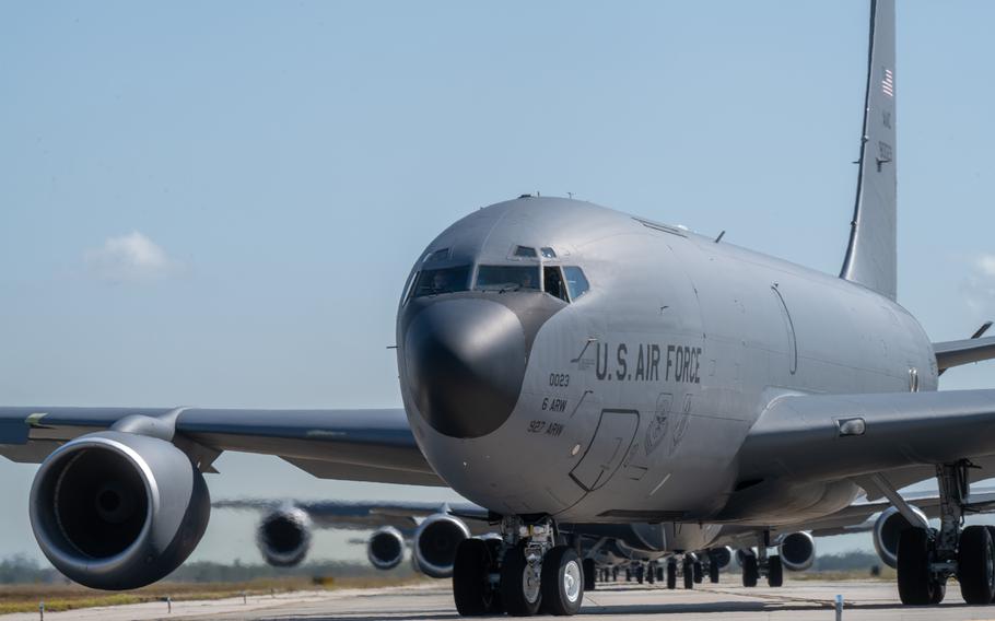 KC-135 Stratotanker aircraft assigned to the 6th and 927th Air Refueling Wings taxi in formation on the flight line April 26, 2023, at MacDill Air Force Base, Fla.