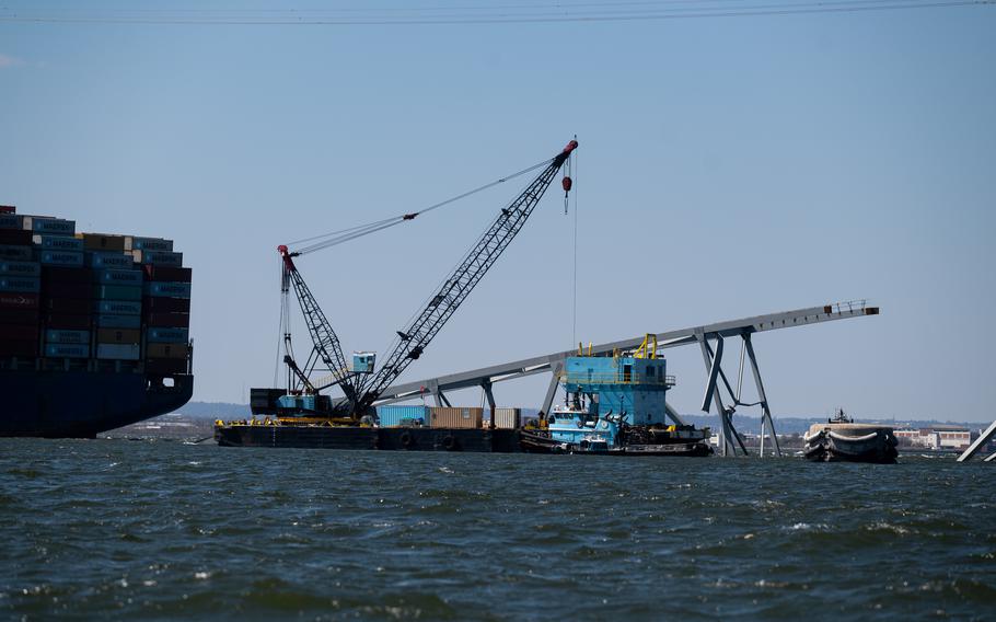 The Chesapeake, a 1000-ton lift capacity derrick barge; the Ferrell, a 200-ton lift capacity revolving crane barge; and the Oyster Bay, a 150-ton lift capacity crane barge arrive in Baltimore Harbor, Friday, March 29, 2024. The barges will be used by the Navy’s Supervisor of Salvage and Diving (SUPSALV) to remove submerged portions of the Francis Scott Key Bridge. The barges, contracted through Naval Sea Systems Command (NAVSEA) will support the U.S. Coast Guard-led Unified Command in its effort to clear and re-open the channel.