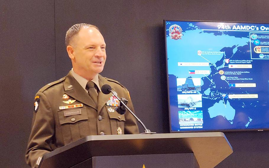 Army Brig. Gen. Patrick Costello, commander of the 94th Army Air and Missile Defense Command, speaks at the Land Forces Pacific, or LANPAC, symposium on Waikiki Beach in Hawaii, May 15, 2024.