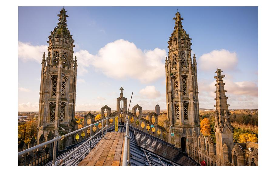 Solar panels during installation on the roof of King’s College Chapel.