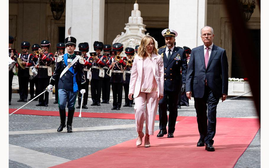 Palestinian Prime Minister Mohammad Mustafa meets with Italy’s Prime Minister Giorgia Meloni, in Rome, Italy May 25, 2024. 