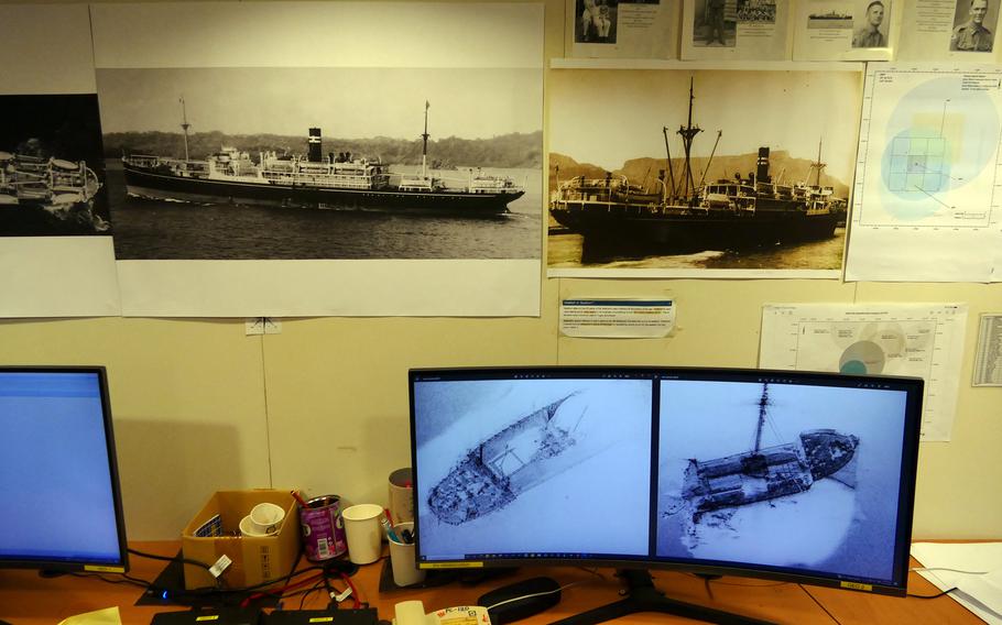 A comparison of images of the SS Montevideo Maru aboard the oceanographic ship Fugro Equator, whcih discovered the wreck on Saturday, April 22, 2023. 