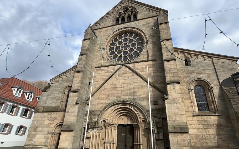 The front facade of a 12th century church in Otterberg, Germany.