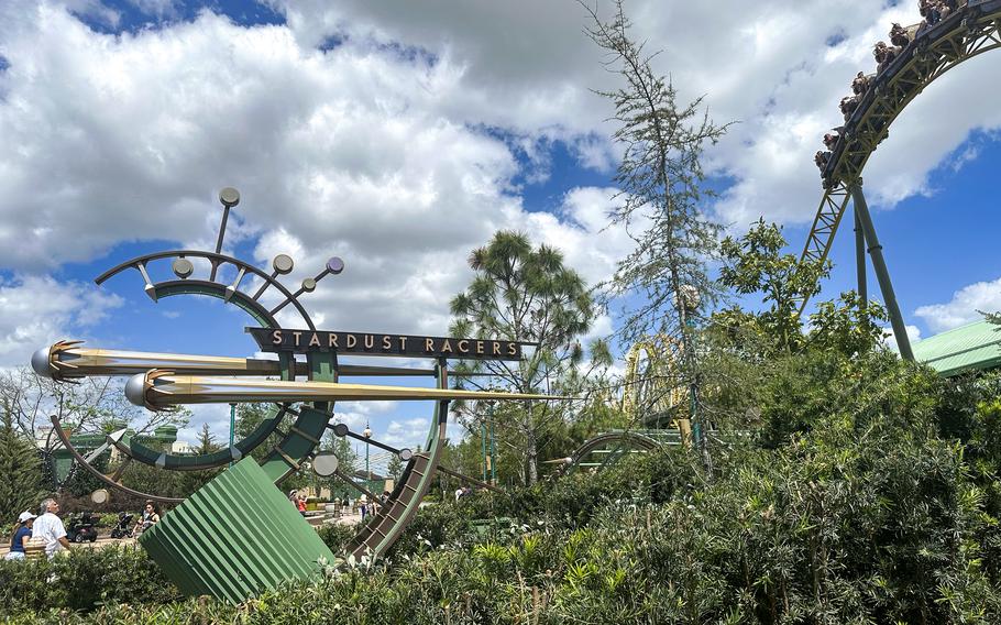 A view from the outside of the Stardust Racers roller coaster at Universal Epic Universe. 