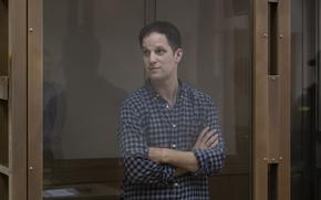 Evan Gershkovich appears in court in Moscow on April 18. MUST CREDIT: Photo for The Washington Post)
