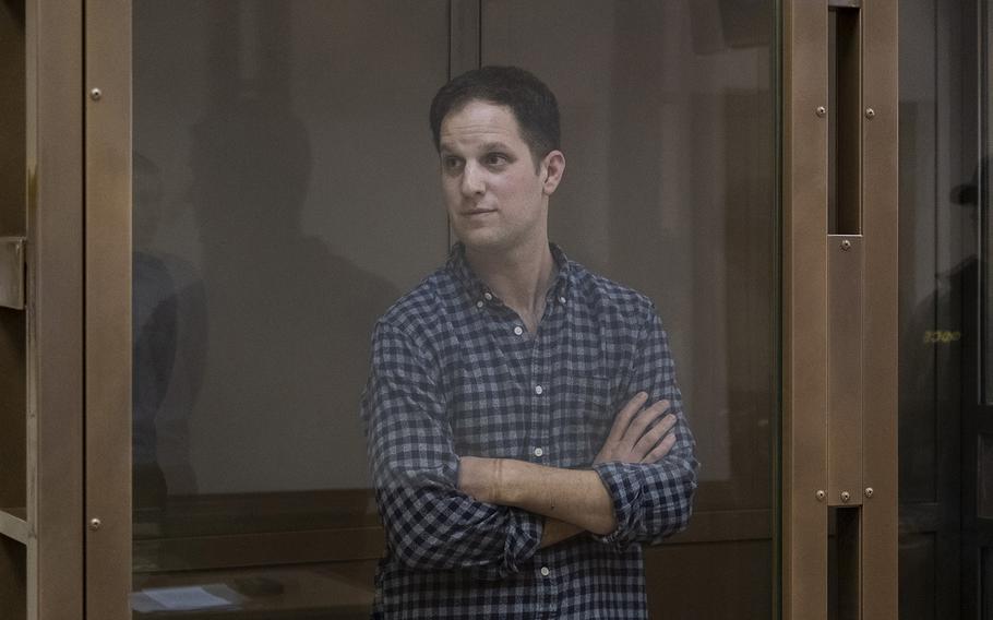 Evan Gershkovich appears in court in Moscow on April 18. 