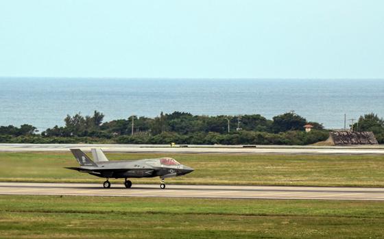 A Marine Corps F-35B Lightning II stealth fighter prepares for take-off at Kadena Air Base, Okinawa, Feb. 17, 2022.