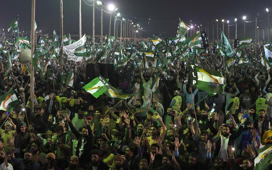 Supporters of the Pakistani religious group Tehreek-e-Labbaik Pakistan (TLP) attend an election campaign rally in Karachi, Pakistan, Sunday, Feb. 4, 2024.