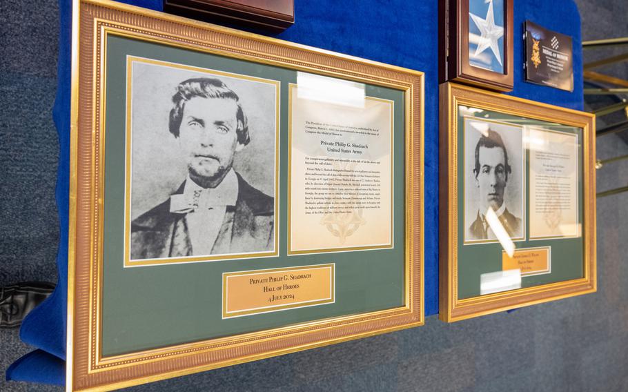 The plaques honoring Pvt. Philip G. Shadrach and Pvt. George D. Wilson at The Hall of Heroes on Thursday, July 4, 2004, at the Pentagon in Arlington, Va. The privates were awarded the Medal of Honor (posthumously) for their extraordinary heroism while participating in a covert military operation 200 miles behind Confederate lines on April 12, 1862. 
