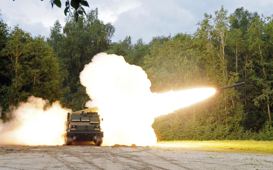 An M270A Multiple Launch Rocket System crew from the Germany-based 1st Battalion, 6th Field Artillery Regiment, 41st Field Artillery Brigade fires practice rounds at a training area in Estonia in September 2020. Maj. Gen. Stephen Maranian has been named head of the new 56th Artillery Command, which will have responsibilities throughout Europe.   

Joe Bush/U.S. Army