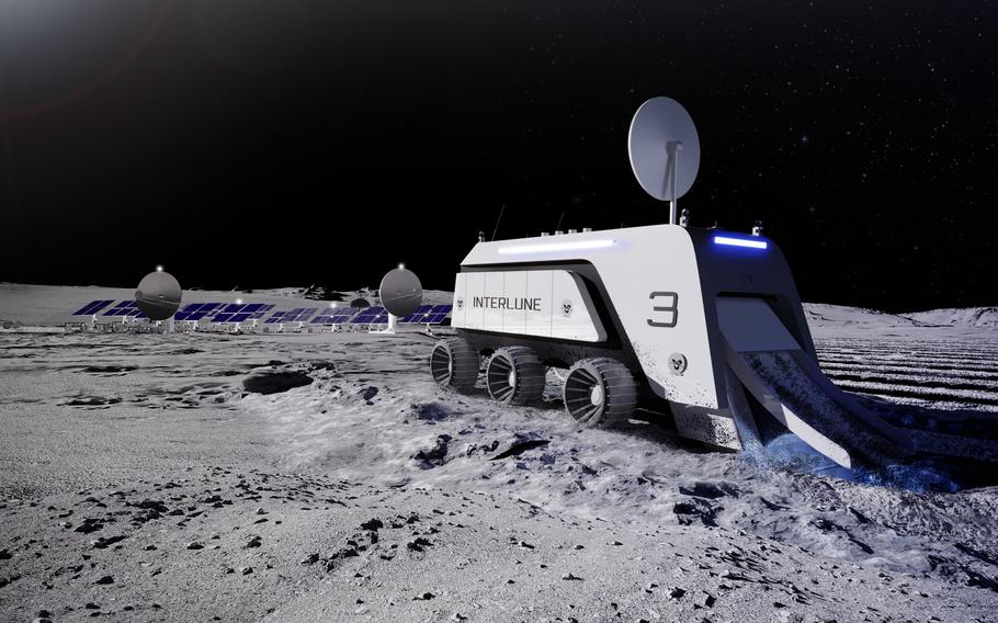An artist’s rendering shows what Interlune’s Helium-3 harvester might look like on the surface of the moon. The company hopes to become the first private venture to extract resources from the lunar surface and return them to Earth.