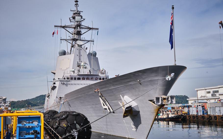 The Royal Australian Navy destroyer HMAS Brisbane is moored at Yokosuka Naval Base, Japan, Monday, Nov. 1, 2021. 