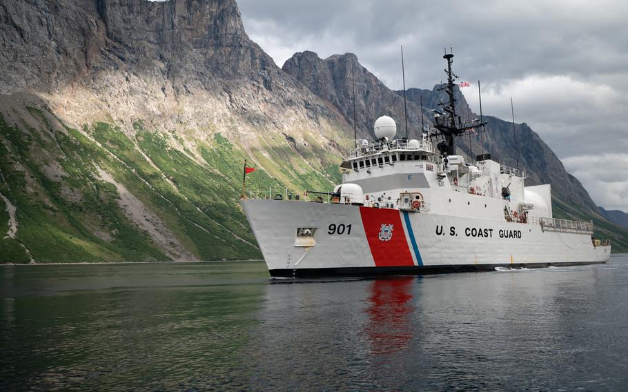 USCG Cutter Bear transits out of Torngat National Park, Canada, on Aug. 9, 2022. The Bear was partaking in the Tuugaalik phase of Operation Nanook, an annual exercise that allows the United States and multiple other partner nations to ensure security and enhance interoperability in Arctic waters. 