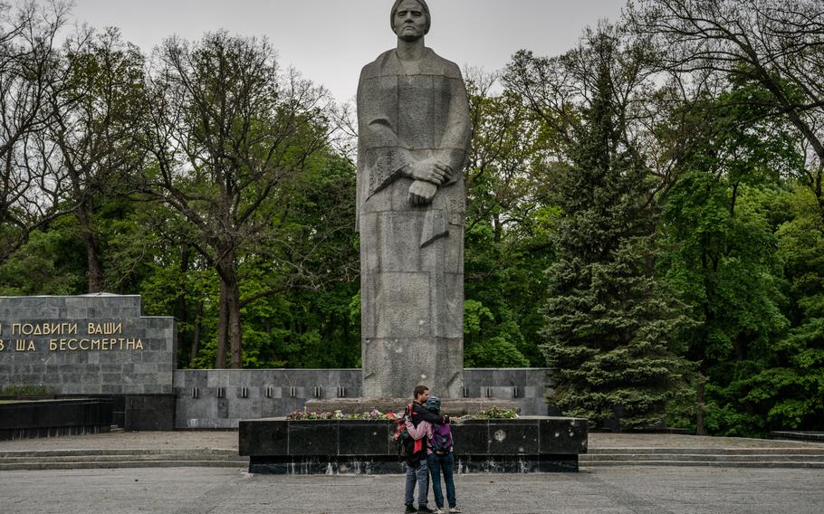 On Victory Day, May 9, when Ukrainians and Russians remember World War II fallen, the Glory Memorial in Kharkiv, Ukraine, is a scene of peace. The day saw the least shelling in Kharkiv since the current conflict began.