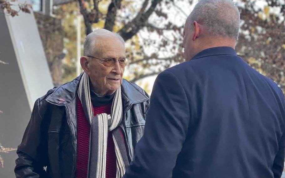 World War II veteran Marine Pfc. Donn Thompson is honored during his 100th birthday celebration in Spokane, Washington on Feb. 24, 2023. 