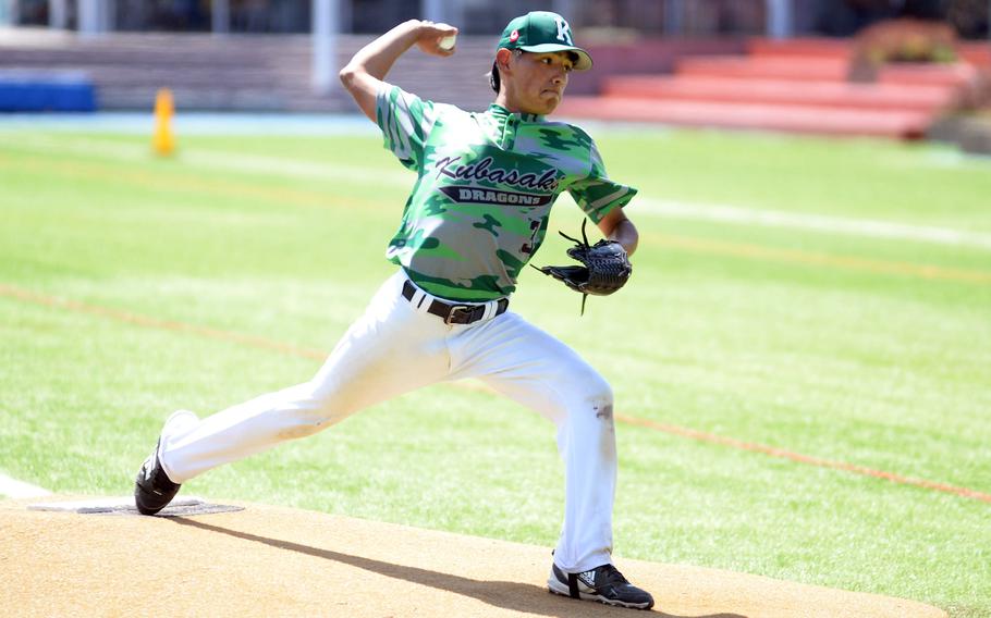 Kubasaki right-hander Julian Hall delivers during Saturday's 5-4 loss at American School In Japan.