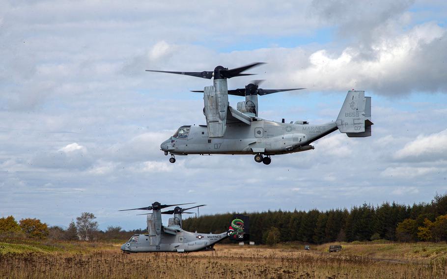 Marine Corps MV-22B Ospreys with Marine Medium Tiltrotor Squadron 265 train in Hokkaido, Japan, Oct. 13, 2022.