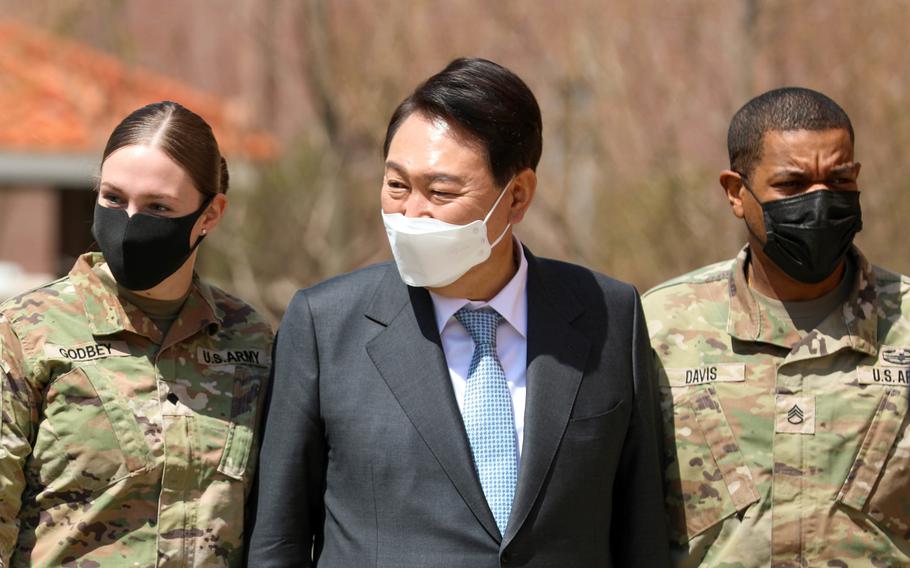 Then president-elect Yoon Suk Yeol visits Camp Humphreys, South Korea, April 7, 2022.