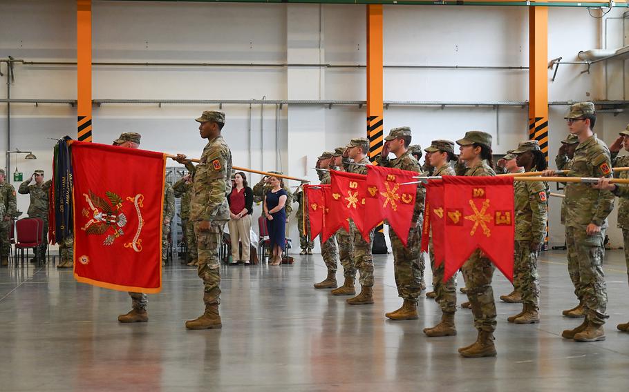 Soldiers from the 5th Battalion, 4th Air Defense Artillery Regiment hold the unit’s colors during an assumption of command ceremony for the regiment on Aug. 2, 2023, in Ansbach, Germany.