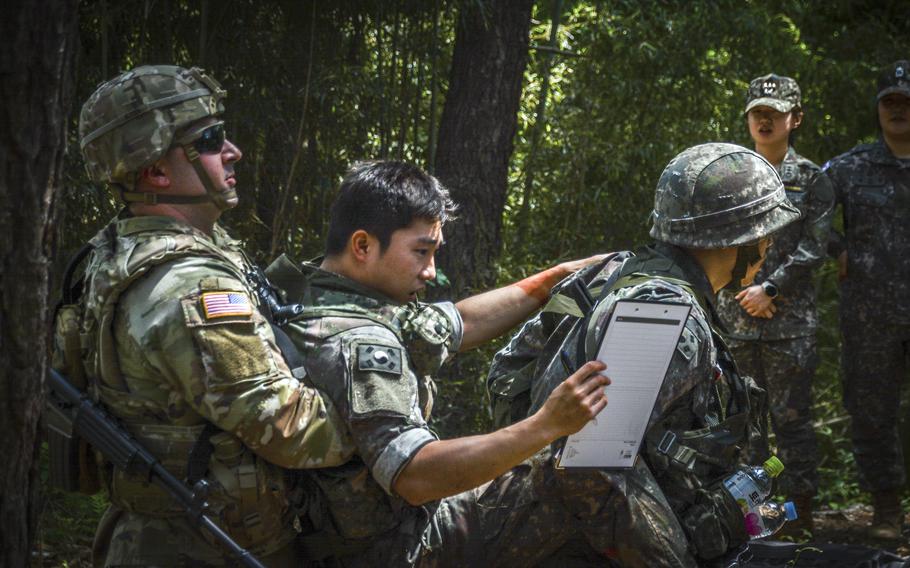 U.S. and South Korean medics test their ability to treat victims of chemical, biological, radiological and nuclear attacks at Jundae, a South Korean military base in Daejeon city, May 29, 2024.