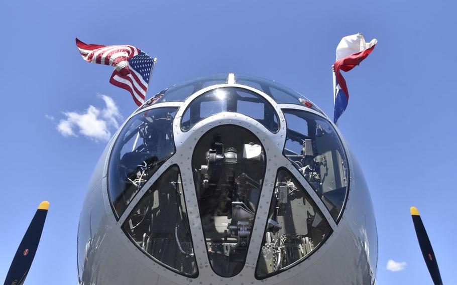 A view from under the nose of “Fifi,” a 1945 B-29 Superfortress on display during the AirPower History Tour at Westfield-Barnes Regional Airport.