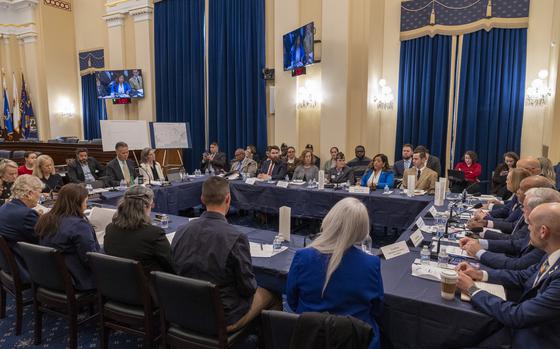A round table discussion is held Tuesday, April 8, 2025,  hosted by Democratic Sen. Richard Blumenthal, D-Conn., and Rep. Mark Takano, D-Calif., on toxic exposures at U.S. military bases in Washington. (Eric Kayne/Stars and Stripes)