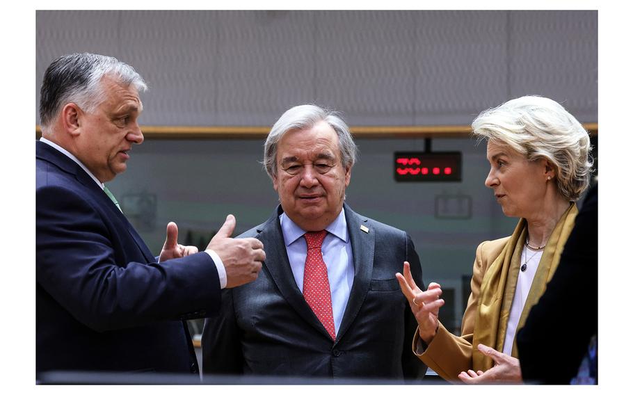 Hungarian President Viktor Orban, left, chats with António Guterres, secretary general of the U.N. and Ursula von der Leyen, president of the European Commission, during the E.U. leaders summit in Brussels in March 2023.