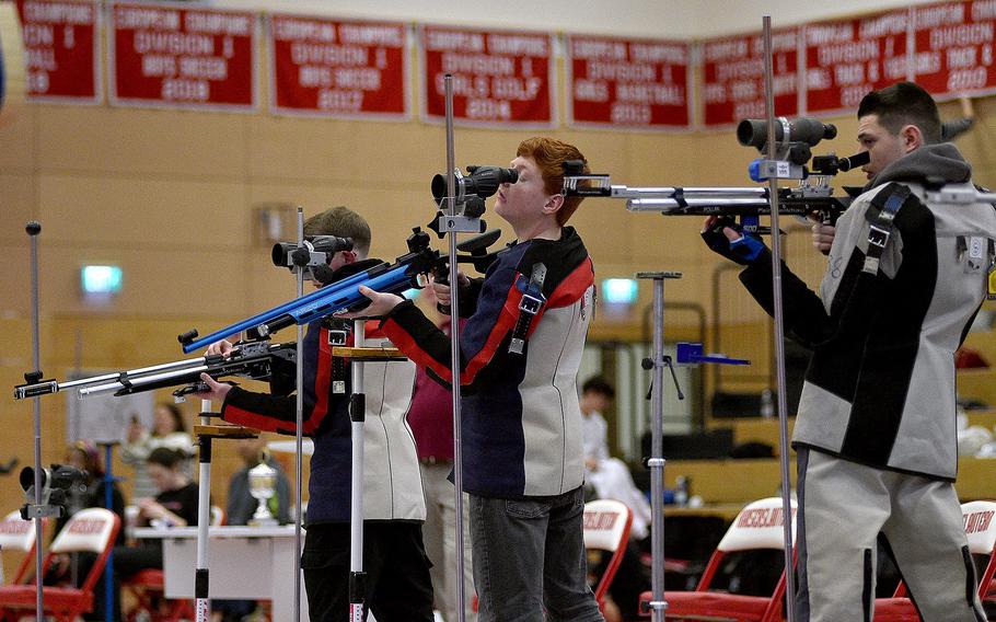Spangdahlem's Andre Danielson checks out the target through his scope during a marksmanship competition on Jan. 6, 2024, at Kaiserslautern High School in Kaiserslautern, Germany.