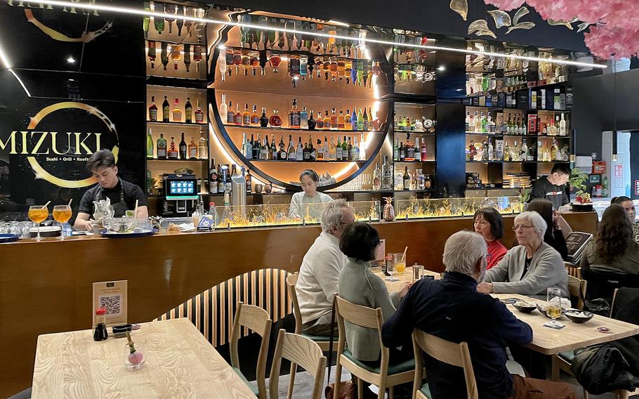 The bar area at Mizuki in Kaiserslautern, Germany, includes local favorites as well as Japanese beers like Asahi and Kirin. Sake and nonalcoholic beverages are served, too.