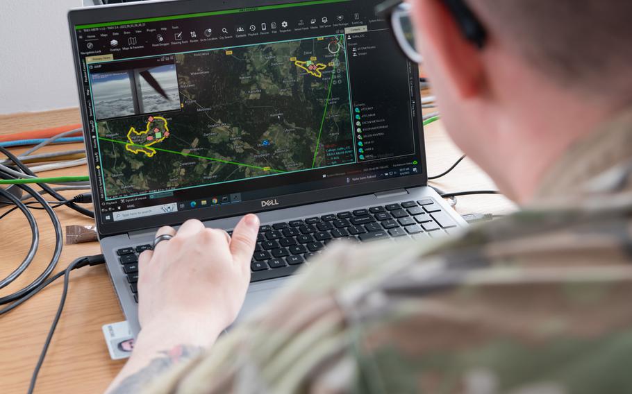 A soldier supporting the Army’s 2nd Multi-Domain Task Force monitors a drone flight Sept. 4, 2023, during exercise Arcane Thunder in Ustka, Poland.
