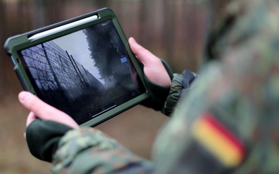 The sensors from Gereon, a wheeled robot that simulates machine gun fire, can be accessed via a tablet or laptop computer. 