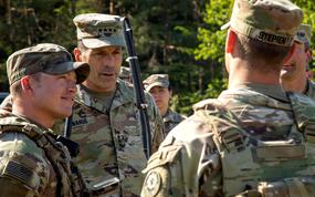 Gen. Christopher Donahue, commander of U.S. Army Europe and Africa, talks to troops at Hohenfels Training Area in Germany on June 11, 2025. Donahue said June 25 during an event hosted by the Association of the U.S. Army in Washington that he expects troop levels in Europe to hold steady.